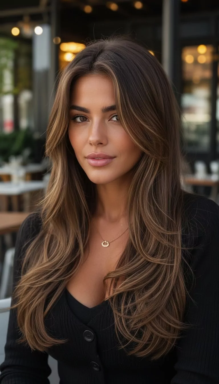 Long layered hair — Female, Round face shape