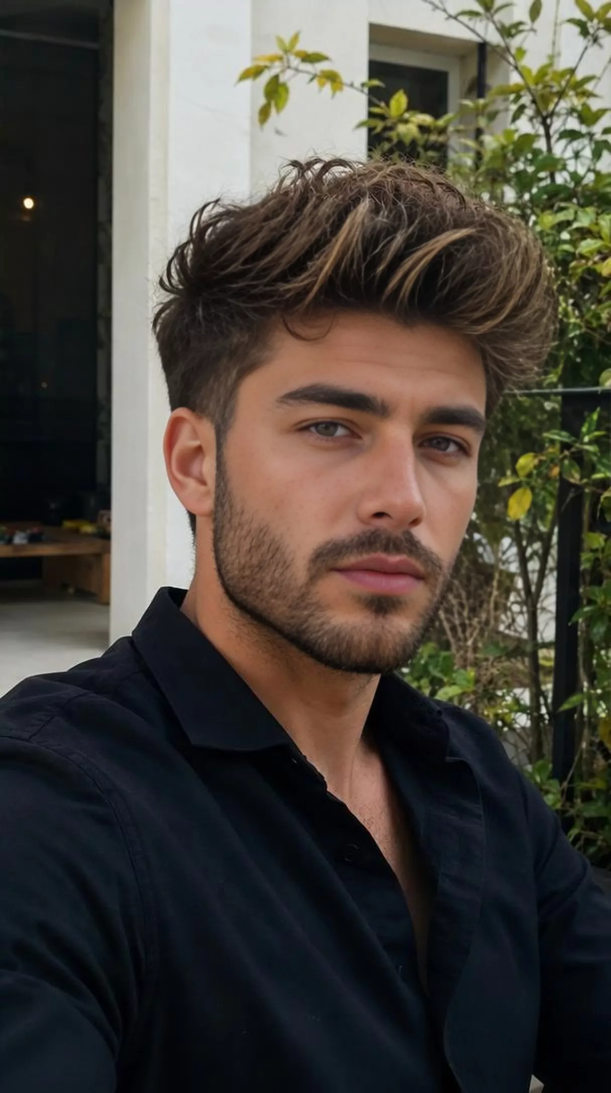 Voluminous top with shorter sides — Male, Round face shape